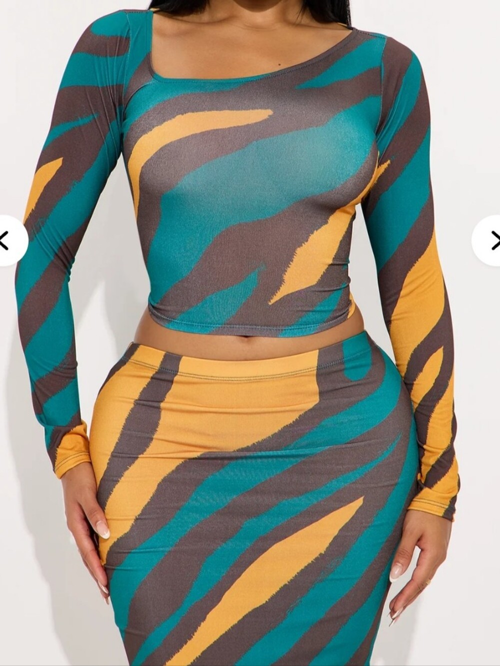 Fashion Nova Teal, Mustard & Brown Abstract Print Maxi Skirt Set - Picture 2 of 7